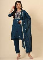 Vichitra Silk Blue Traditional Wear Embroidery Work Readymade Kurti Set